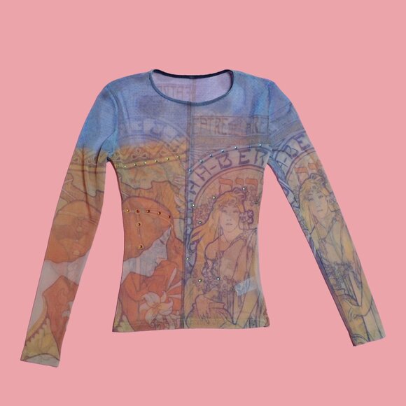 Y2K ALPHONSE MUCHA Art NOUVEAU Print Mesh Long Sleeve Blouse W/Rhinestones. XS-S - Picture 1 of 16